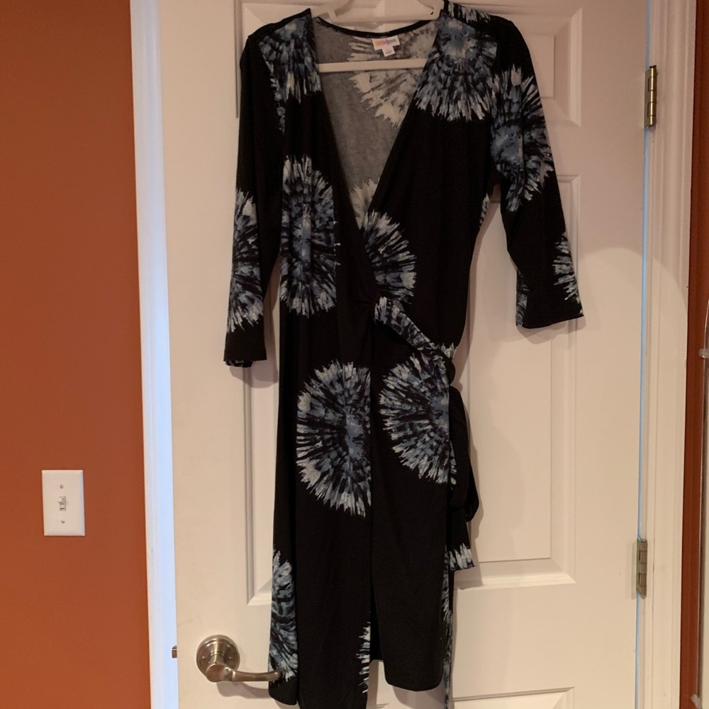 LuLaRoe Black Wrap Midi Dress with Blue Tie-Dye Floral Print